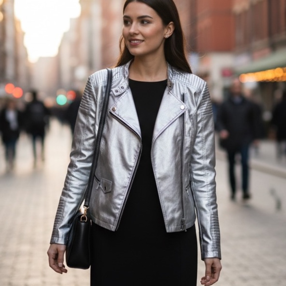 ⭐️ ANA A New Approach Silver Faux Leather Moto Asymmetrical Zip
Jacket Womens 0X